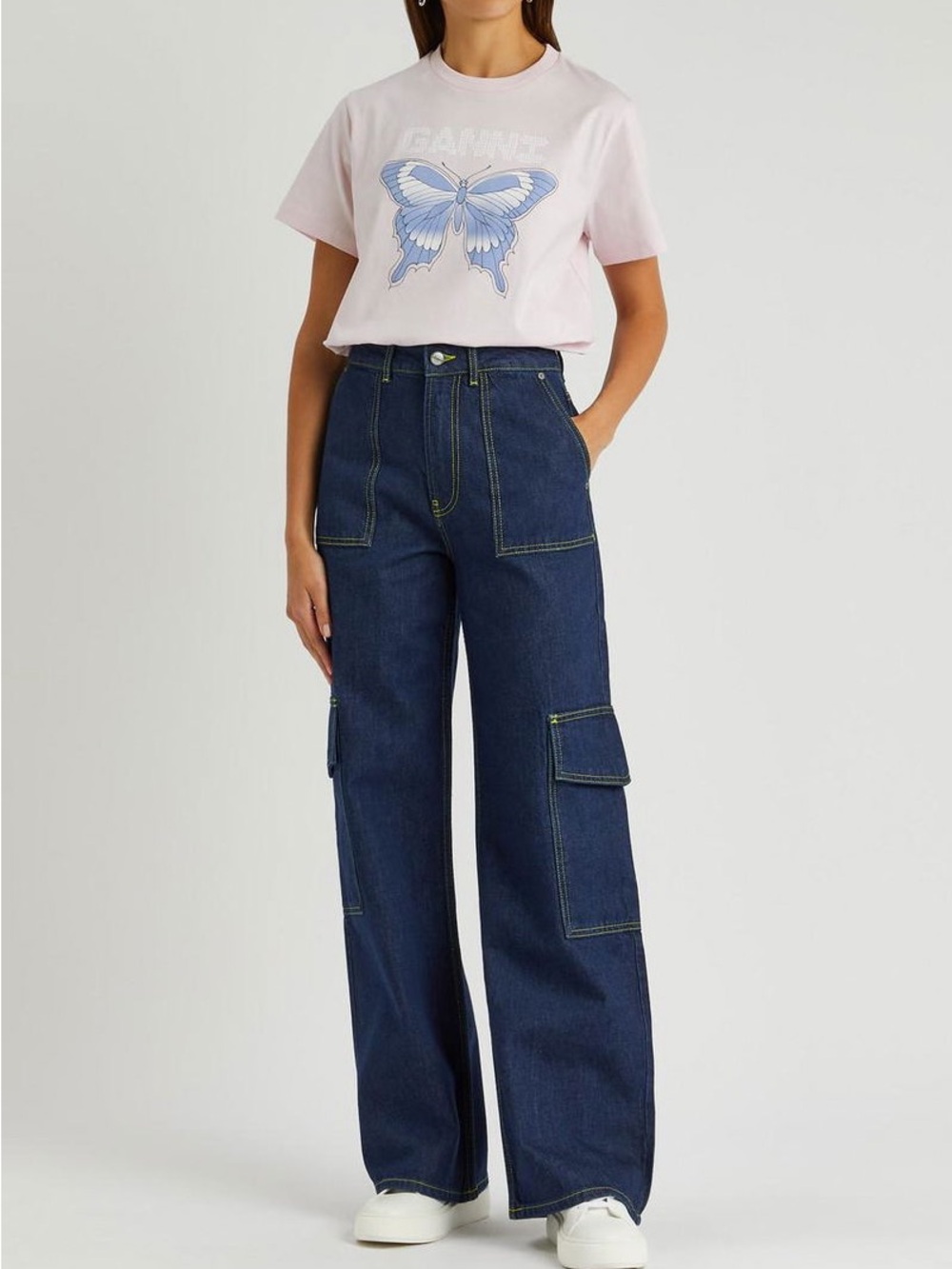 Ganni Angi Wide-Leg Jeans Cargo Pockets Bootcut Size 26 Medium Wash Loose Fit